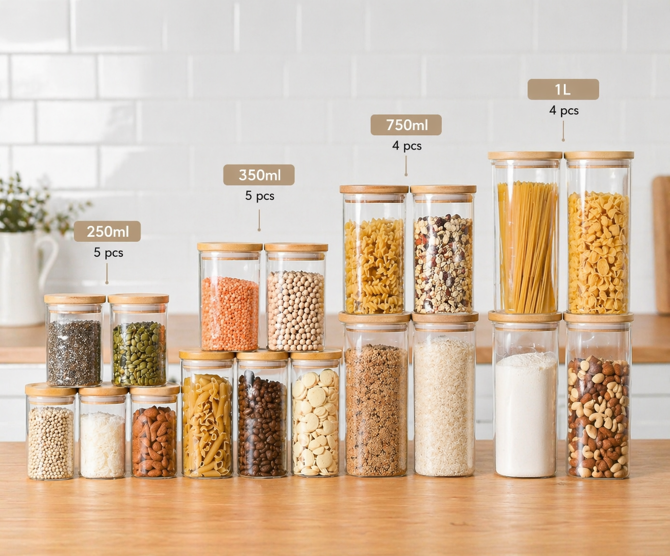 Complete The Kitchen - Cylinder Glass Pantry Storage Jars - Wood - 18 Set